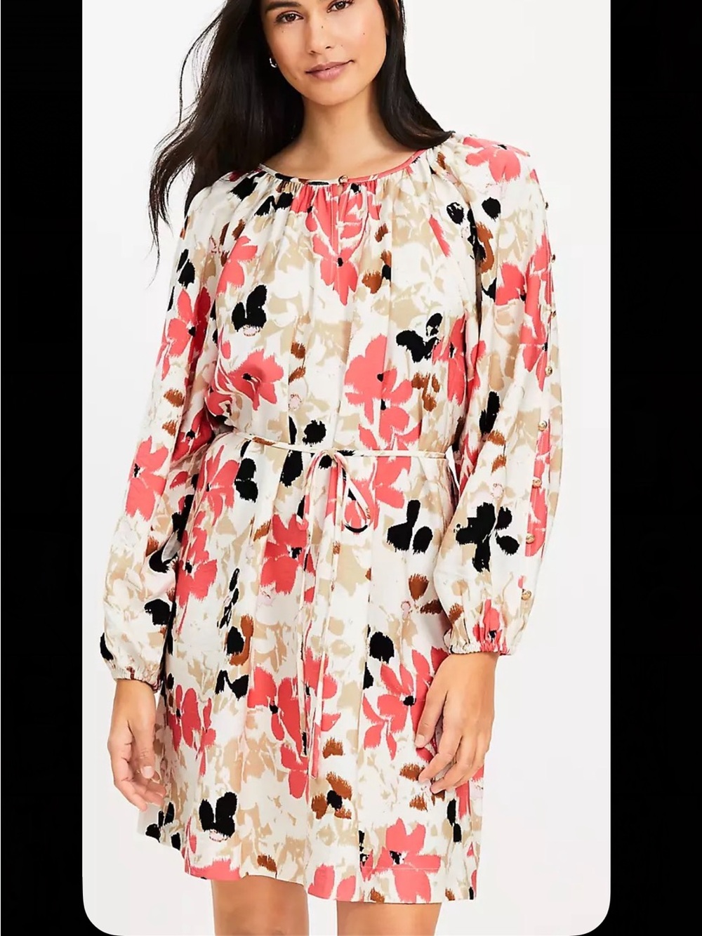 Loft Floral Tie-Waist Long Sleeve Dress in Coral, Pink, Black & Beige